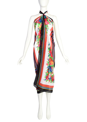 Yves Saint Laurent Vintage 1970s Rose Floral Print Striped Oversized Cotton Pareo Sarong Wrap Scarf