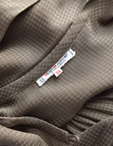 Yves Saint Laurent Vintage Green Houndstooth Silk Jacquard Lavalliere Shirt