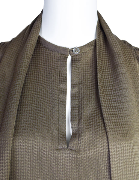 Yves Saint Laurent Vintage Green Houndstooth Silk Jacquard Lavalliere Shirt