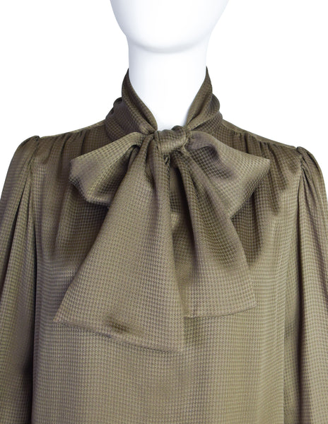 Yves Saint Laurent Vintage Green Houndstooth Silk Jacquard Lavalliere Shirt