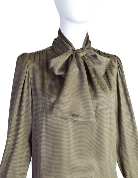 Yves Saint Laurent Vintage Green Houndstooth Silk Jacquard Lavalliere Shirt