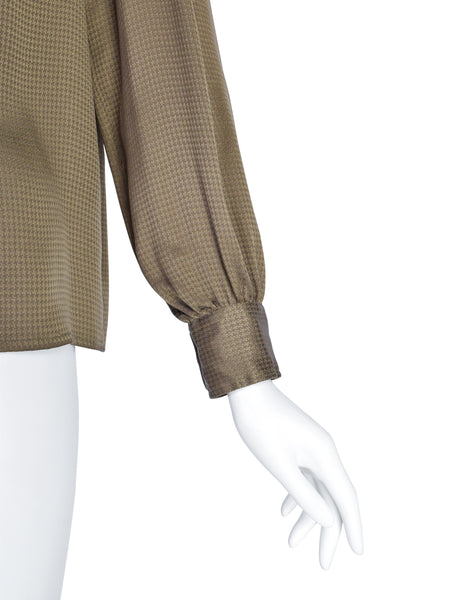 Yves Saint Laurent Vintage Green Houndstooth Silk Jacquard Lavalliere Shirt
