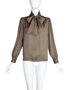 Yves Saint Laurent Vintage Green Houndstooth Silk Jacquard Lavalliere Shirt