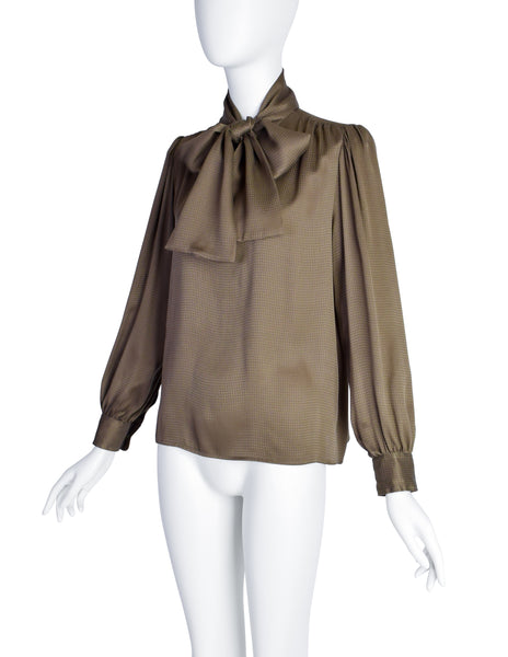 Yves Saint Laurent Vintage Green Houndstooth Silk Jacquard Lavalliere Shirt