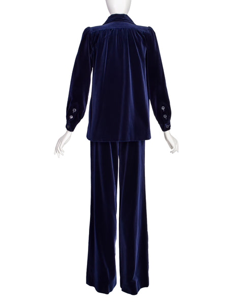 Yves Saint Laurent Vintage Early 1970s Midnight Blue Velvet Jacket Wide Leg Pant Suit Ensemble