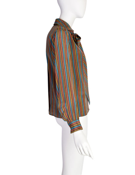 Yves Saint Laurent Vintage 1970s Multicolor Stripe Collared Lavalliere Button Up Silk Shirt