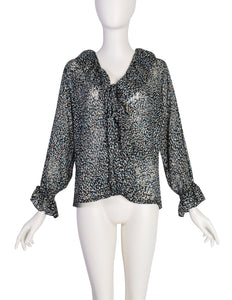 Yves Saint Laurent Vintage 1970s Black Blue Brushstroke Silk Jacquard Devore Ruffle Wrap Top