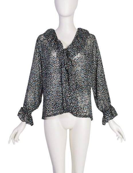 Yves Saint Laurent Vintage 1970s Black Blue Brushstroke Silk Jacquard Devore Ruffle Wrap Top