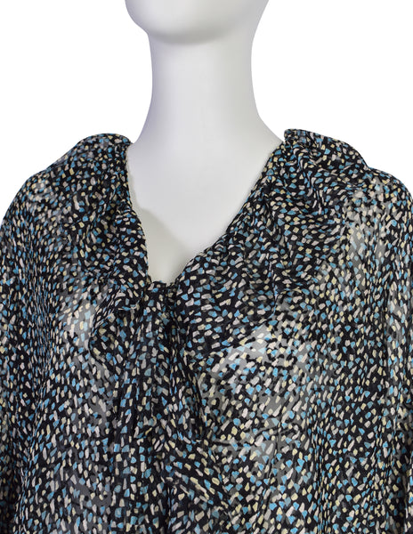 Yves Saint Laurent Vintage 1970s Black Blue Brushstroke Silk Jacquard Devore Ruffle Wrap Top