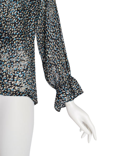 Yves Saint Laurent Vintage 1970s Black Blue Brushstroke Silk Jacquard Devore Ruffle Wrap Top