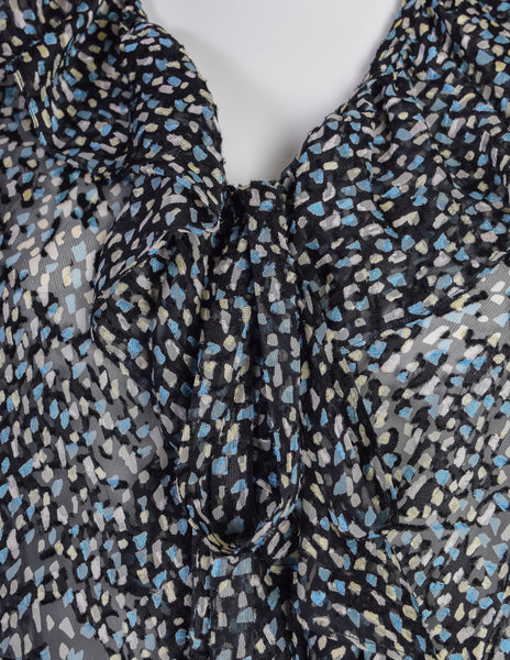 Yves Saint Laurent Vintage 1970s Black Blue Brushstroke Silk Jacquard Devore Ruffle Wrap Top