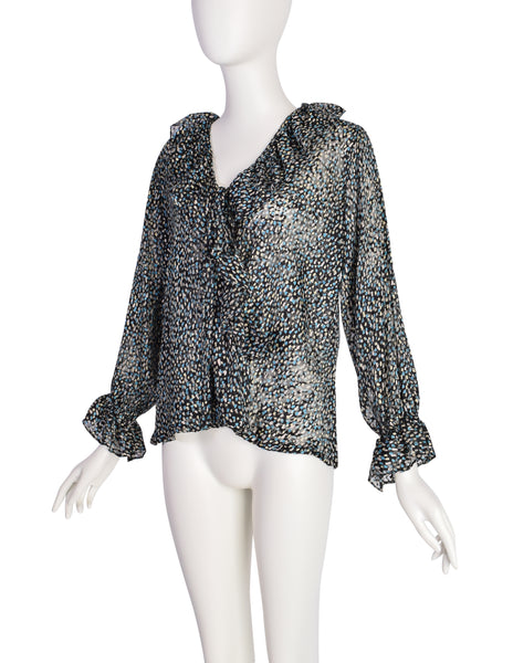 Yves Saint Laurent Vintage 1970s Black Blue Brushstroke Silk Jacquard Devore Ruffle Wrap Top