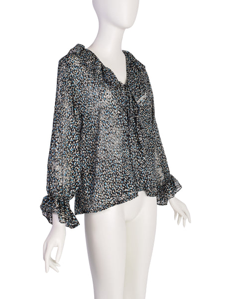 Yves Saint Laurent Vintage 1970s Black Blue Brushstroke Silk Jacquard Devore Ruffle Wrap Top