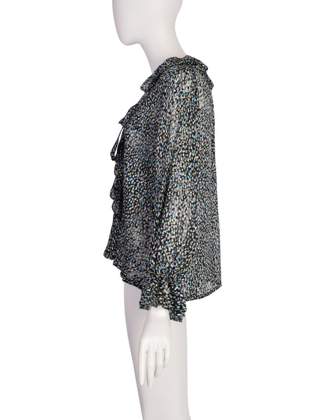 Yves Saint Laurent Vintage 1970s Black Blue Brushstroke Silk Jacquard Devore Ruffle Wrap Top