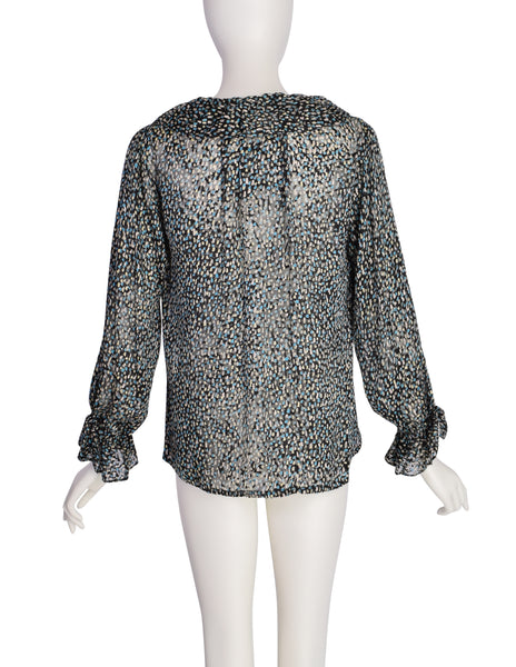 Yves Saint Laurent Vintage 1970s Black Blue Brushstroke Silk Jacquard Devore Ruffle Wrap Top