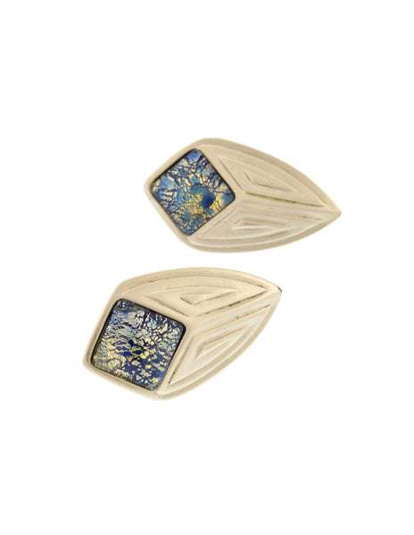 YSL Vintage Matte Silver and Blue Dichroic Glass Glass Earrings