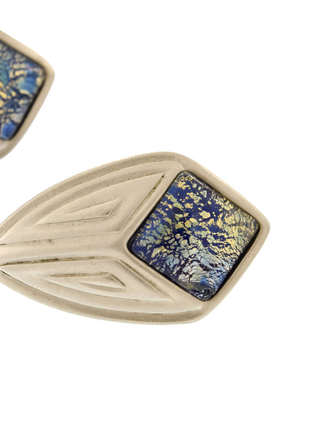 YSL Vintage Matte Silver and Blue Dichroic Glass Glass Earrings