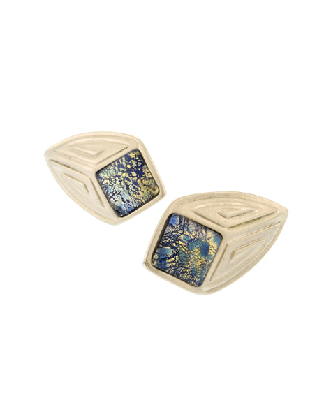 YSL Vintage Matte Silver and Blue Dichroic Glass Glass Earrings