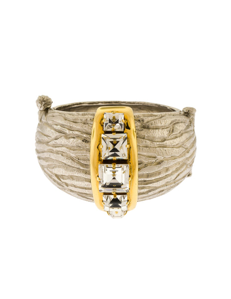 Yves Saint Laurent Vintage Silver and Gold Faux Bois Wood Grain Crystal Hinged Cuff Bracelet