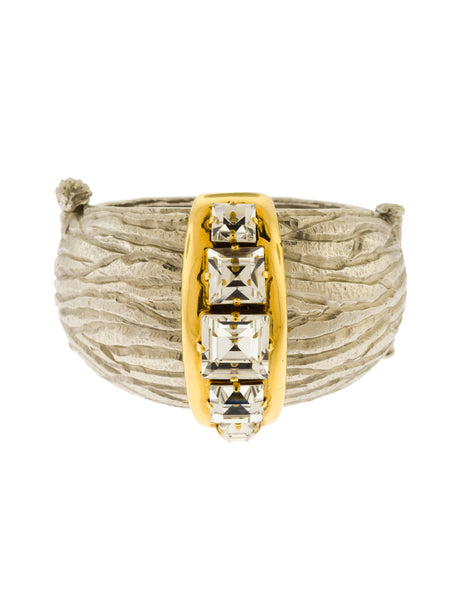 Yves Saint Laurent Vintage Silver and Gold Faux Bois Wood Grain Crystal Hinged Cuff Bracelet