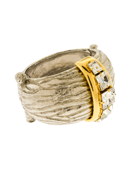 Yves Saint Laurent Vintage Silver and Gold Faux Bois Wood Grain Crystal Hinged Cuff Bracelet