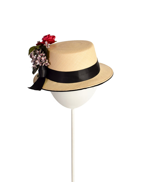 Yves Saint Laurent Vintage 1960s Velvet Floral Woven Straw Boater Hat