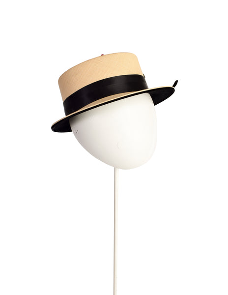 Yves Saint Laurent Vintage 1960s Velvet Floral Woven Straw Boater Hat