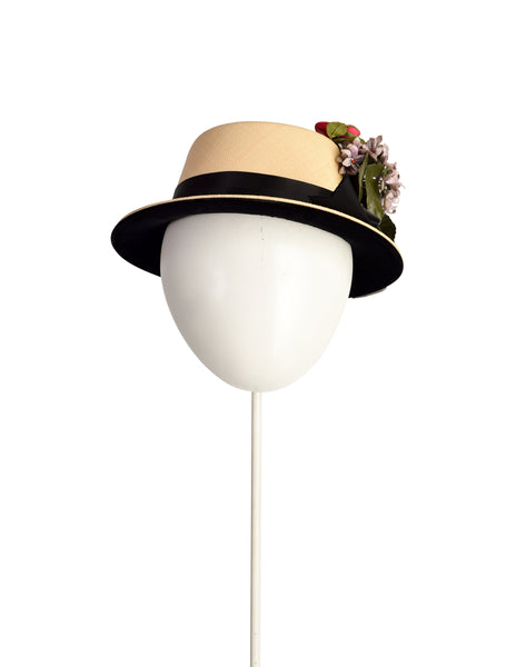 Yves Saint Laurent Vintage 1960s Velvet Floral Woven Straw Boater Hat