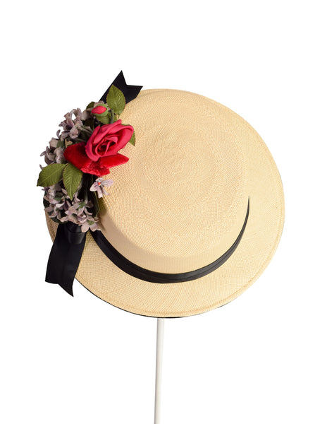 Yves Saint Laurent Vintage 1960s Velvet Floral Woven Straw Boater Hat