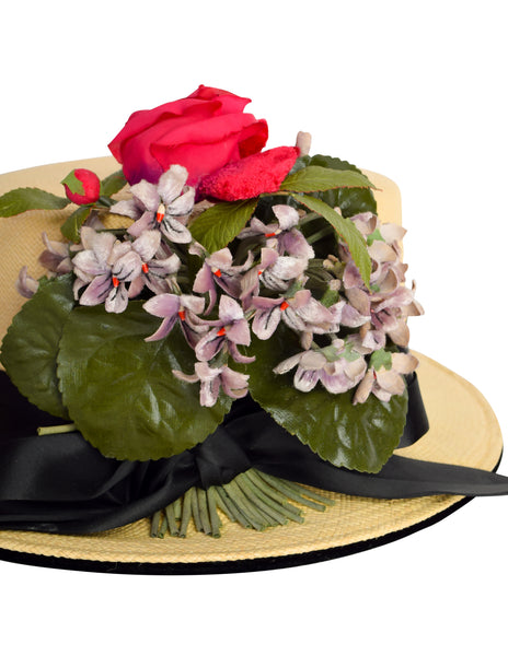 Yves Saint Laurent Vintage 1960s Velvet Floral Woven Straw Boater Hat