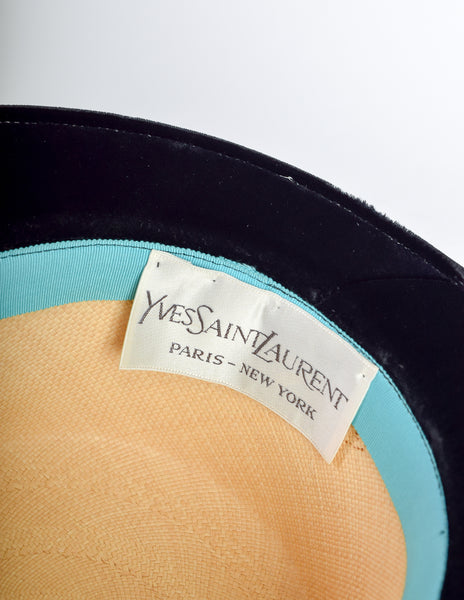Yves Saint Laurent Vintage 1960s Velvet Floral Woven Straw Boater Hat