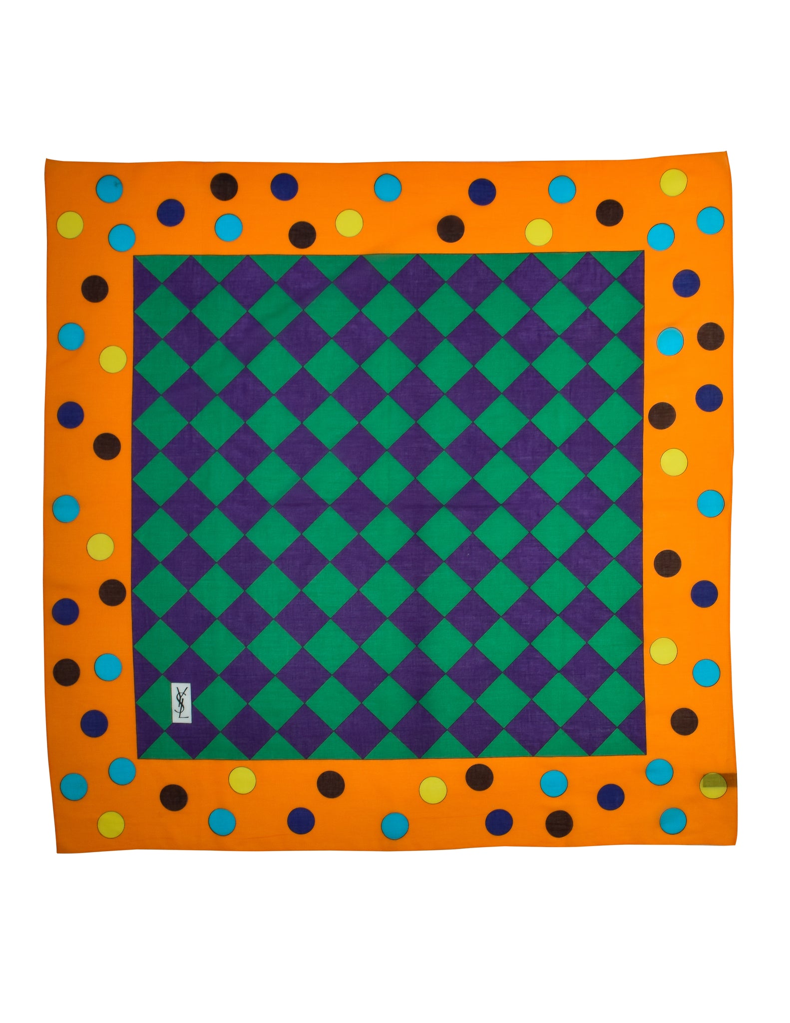 Yves Saint Laurent Vintage Multicolor Harlequin Checkerboard Polka Dot Cotton Scarf