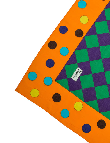 Yves Saint Laurent Vintage Multicolor Harlequin Checkerboard Polka Dot Cotton Scarf