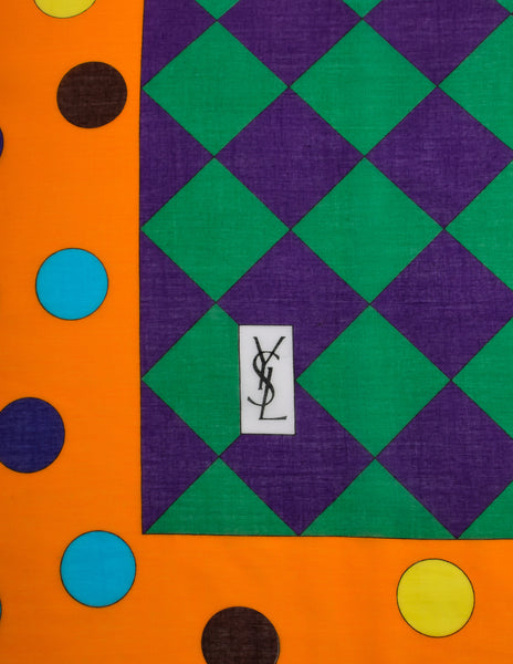 Yves Saint Laurent Vintage Multicolor Harlequin Checkerboard Polka Dot Cotton Scarf