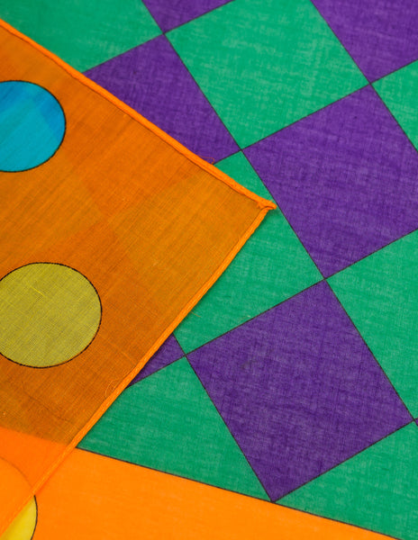 Yves Saint Laurent Vintage Multicolor Harlequin Checkerboard Polka Dot Cotton Scarf