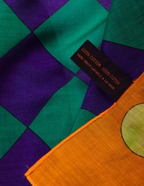 Yves Saint Laurent Vintage Multicolor Harlequin Checkerboard Polka Dot Cotton Scarf