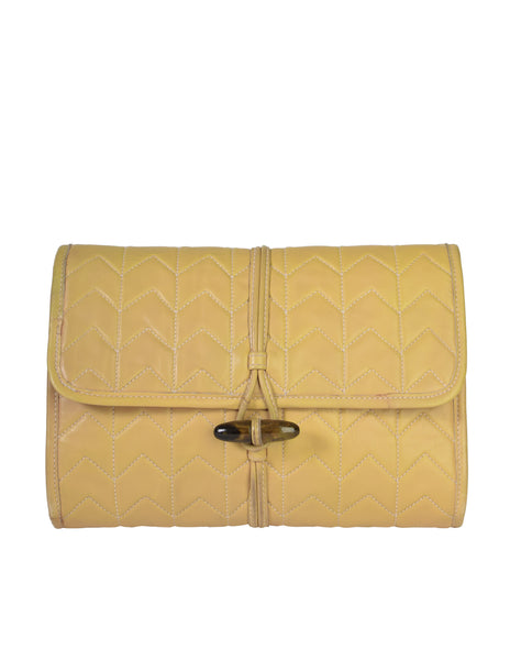 Yves Saint Laurent Vintage Chevron Quilted Beige Leather Wooden Toggle Clutch Bag