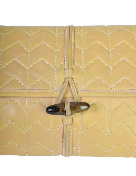 Yves Saint Laurent Vintage Chevron Quilted Beige Leather Wooden Toggle Clutch Bag