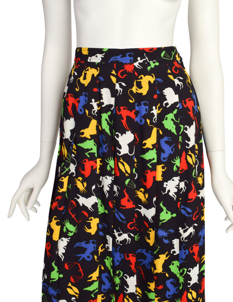 Yves Saint Laurent Vintage Multicolor Zodiac Star Sign Print Pleated Skirt