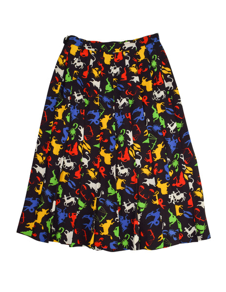 Yves Saint Laurent Vintage Multicolor Zodiac Star Sign Print Pleated Skirt