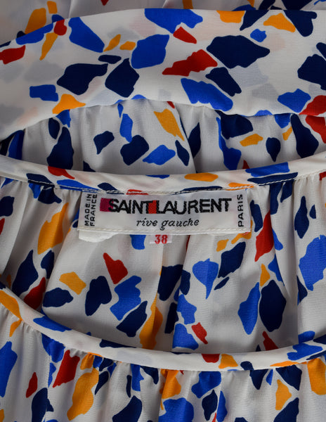 Yves Saint Laurent Vintage SS 1982 White Multicolor Abstract Print Silk Drop Waist Dress