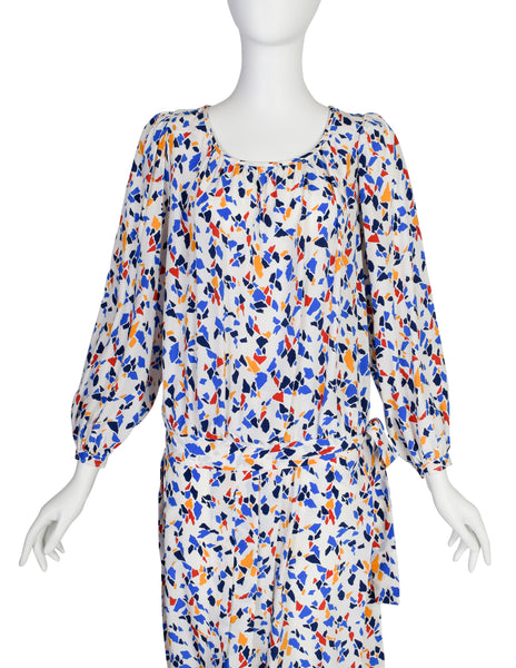 Yves Saint Laurent Vintage SS 1982 White Multicolor Abstract Print Silk Drop Waist Dress