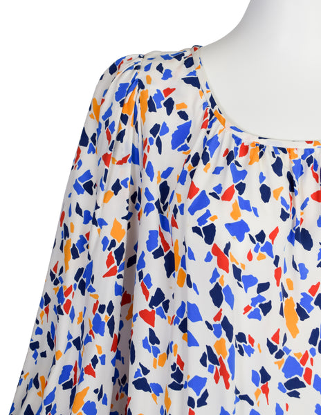Yves Saint Laurent Vintage SS 1982 White Multicolor Abstract Print Silk Drop Waist Dress
