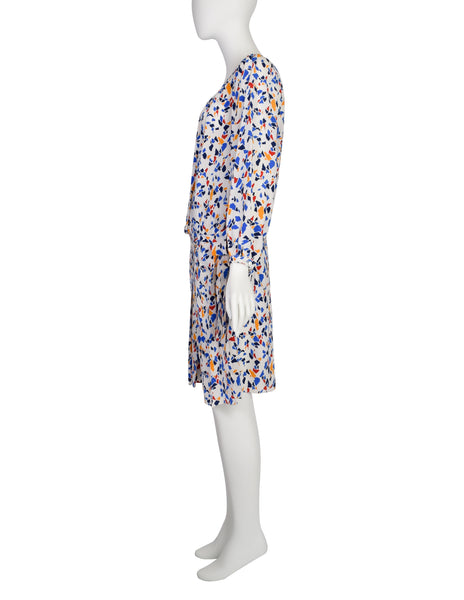 Yves Saint Laurent Vintage SS 1982 White Multicolor Abstract Print Silk Drop Waist Dress