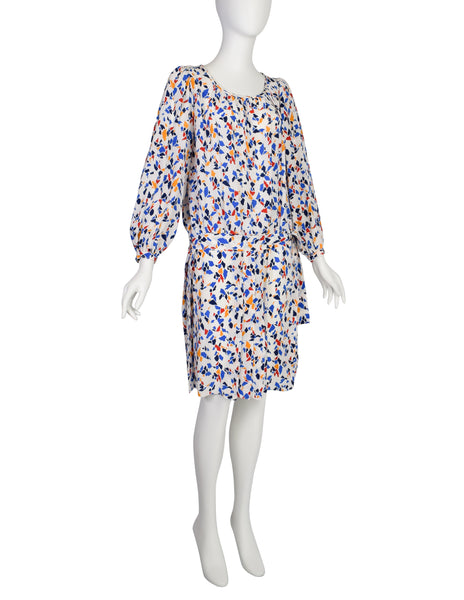 Yves Saint Laurent Vintage SS 1982 White Multicolor Abstract Print Silk Drop Waist Dress