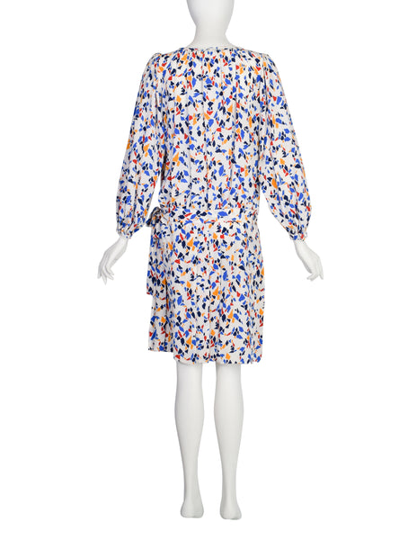 Yves Saint Laurent Vintage SS 1982 White Multicolor Abstract Print Silk Drop Waist Dress
