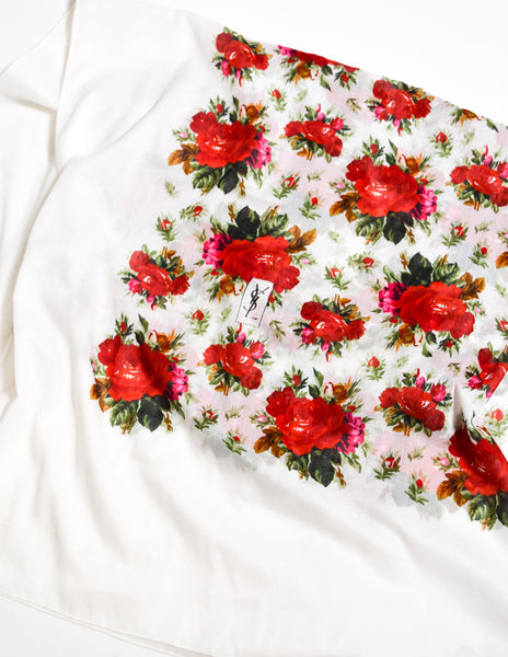 Yves Saint Laurent Vintage SS 1977 Spanish Collection White Rose Print Oversized Cotton Pareo Sarong Wrap Scarf