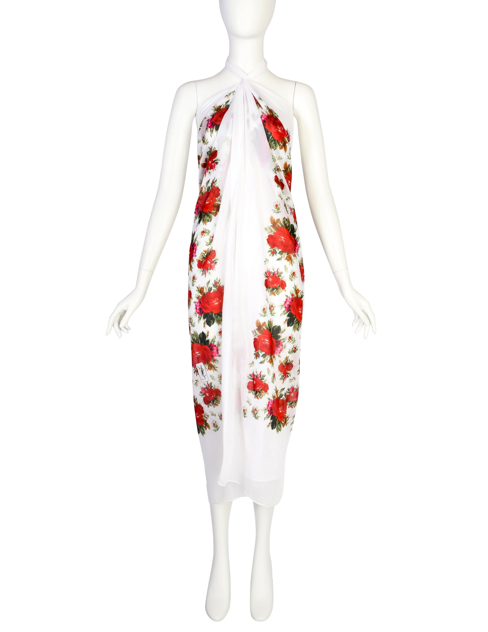 Yves Saint Laurent Vintage SS 1977 Spanish Collection White Rose Print Oversized Cotton Pareo Sarong Wrap Scarf