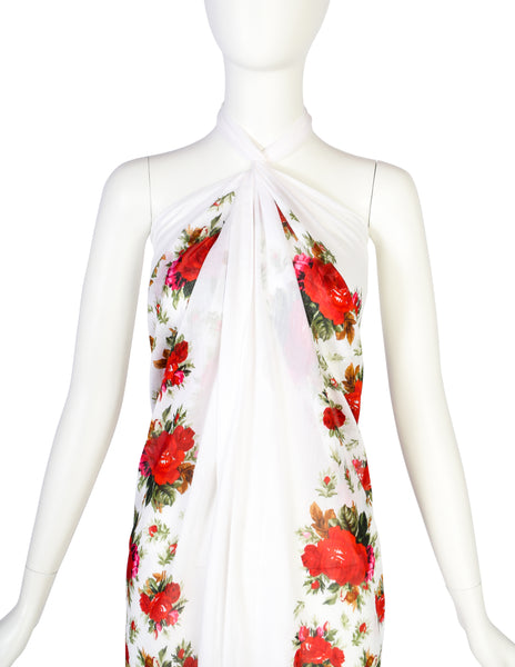 Yves Saint Laurent Vintage SS 1977 Spanish Collection White Rose Print Oversized Cotton Pareo Sarong Wrap Scarf