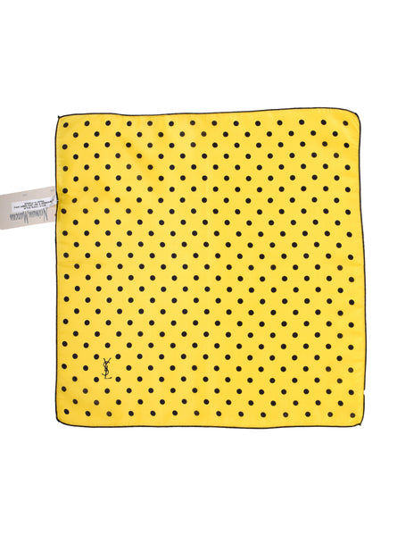 Yves Saint Laurent Vintage YSL Yellow and Black Polka Dot Silk Pocket Square Scarf